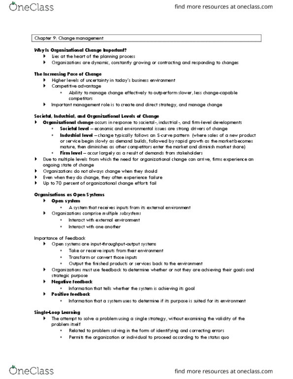 MANA 463 Lecture Notes - Lecture 9: Organizational Learning, Negative Feedback, Organizational Culture thumbnail