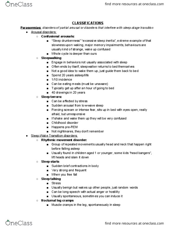 PSY 4327 Lecture Notes - Lecture 3: Parasomnia, Sleep Paralysis, Cramp thumbnail