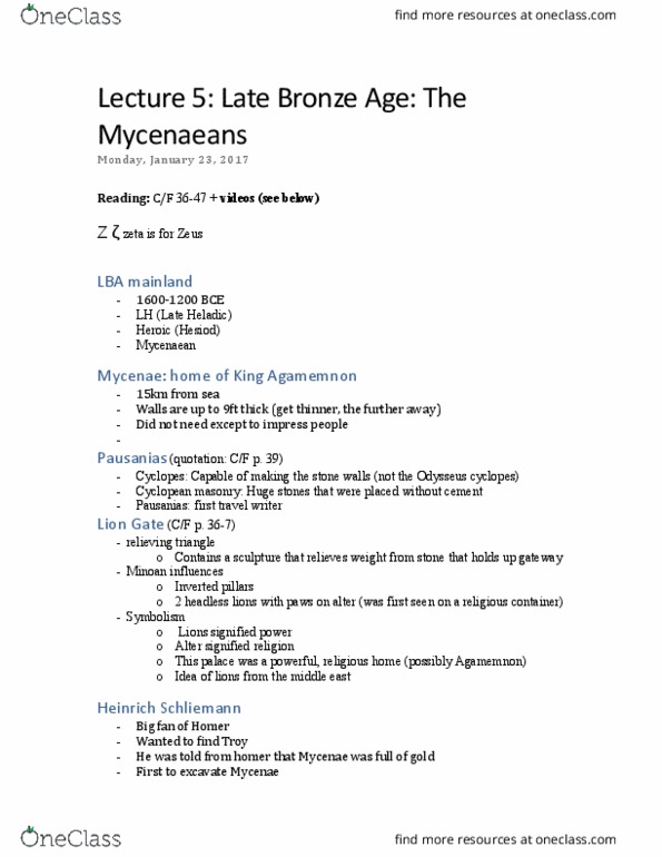 CLA 1101 Lecture Notes - Lecture 5: Cyclopean Masonry, Grave Circle A, Mycenae, Lion Gate thumbnail