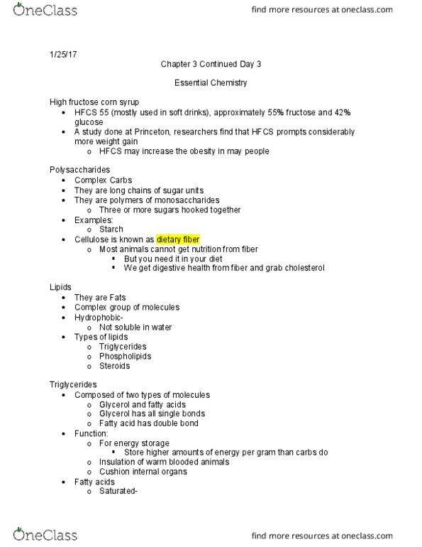 BSC 108 Lecture Notes - Lecture 5: High Fructose Corn Syrup, Dietary Fiber, Triglyceride thumbnail