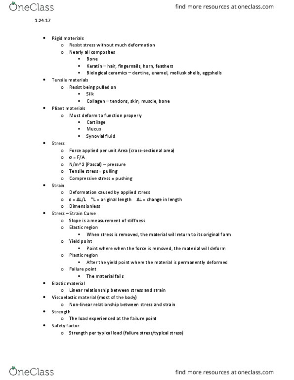 KIN 3309 Lecture Notes - Lecture 3: Stress (Mechanics), Ultimate Tensile Strength, Viscoelasticity thumbnail