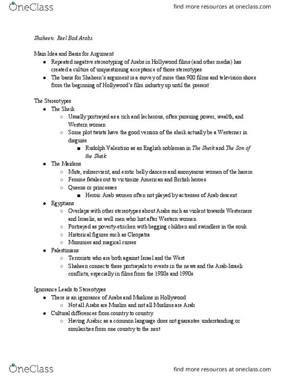 HUM-3321 Lecture Notes - Lecture 6: Rudolph Valentino, Arab Americans, The Stereotypes thumbnail