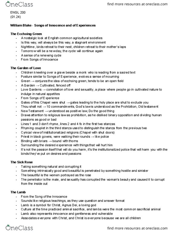 ENGL 200 Lecture Notes - Lecture 30: The Sick Rose, The Tyger, Old Testament thumbnail