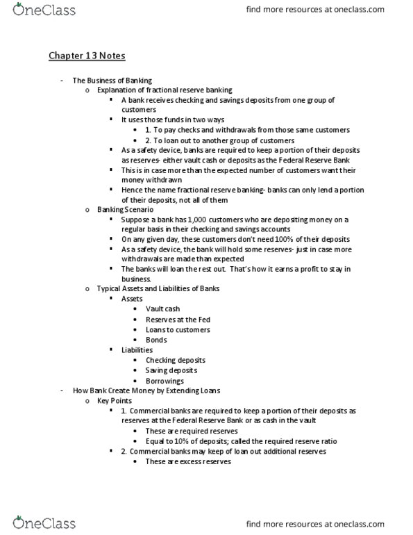 ECO-2013 Lecture Notes - Lecture 13: Fractional-Reserve Banking, Excess Reserves, Commercial Bank thumbnail