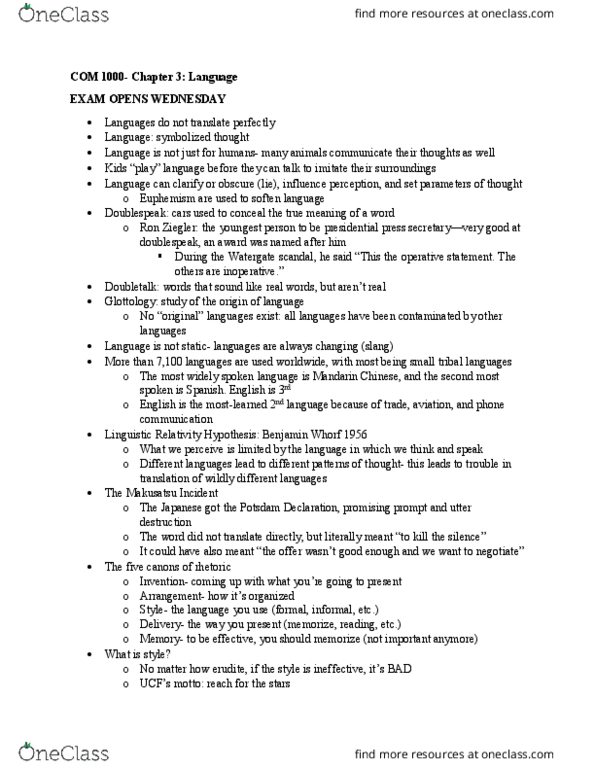 COM 1000 Lecture Notes - Lecture 3: Ron Ziegler, Watergate Scandal, Benjamin Lee Whorf thumbnail