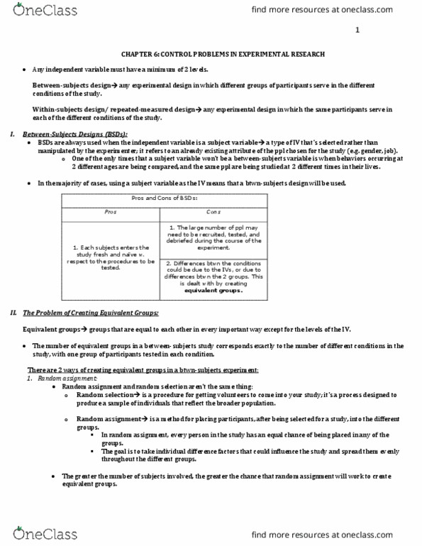 PSYC 2030 Chapter Notes - Chapter 6: Random Assignment, Longitudinal Study, Demand Characteristics thumbnail