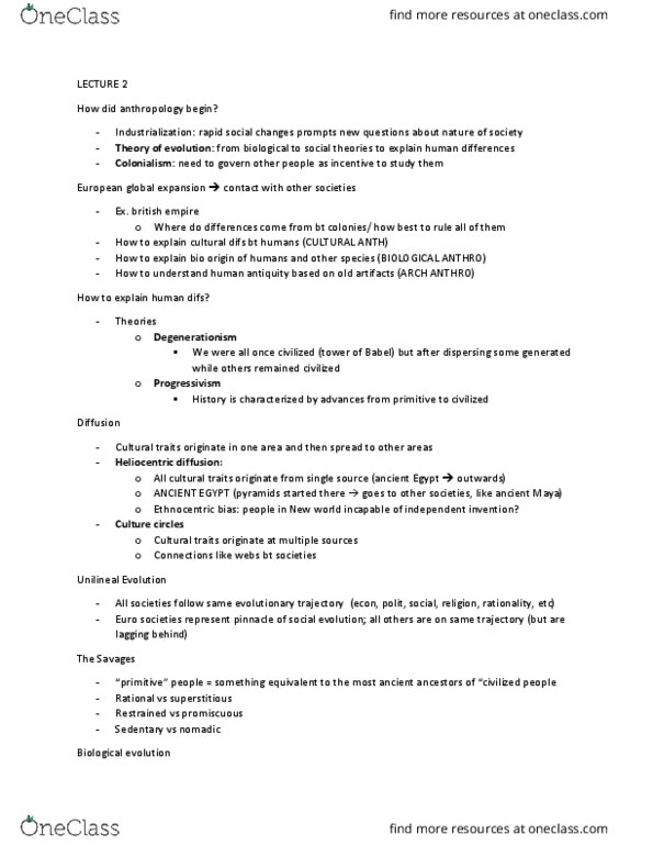 U69 Anthro 160 Lecture Notes - Lecture 2: Lewis H. Morgan, Unilineal Evolution, Social Evolution thumbnail