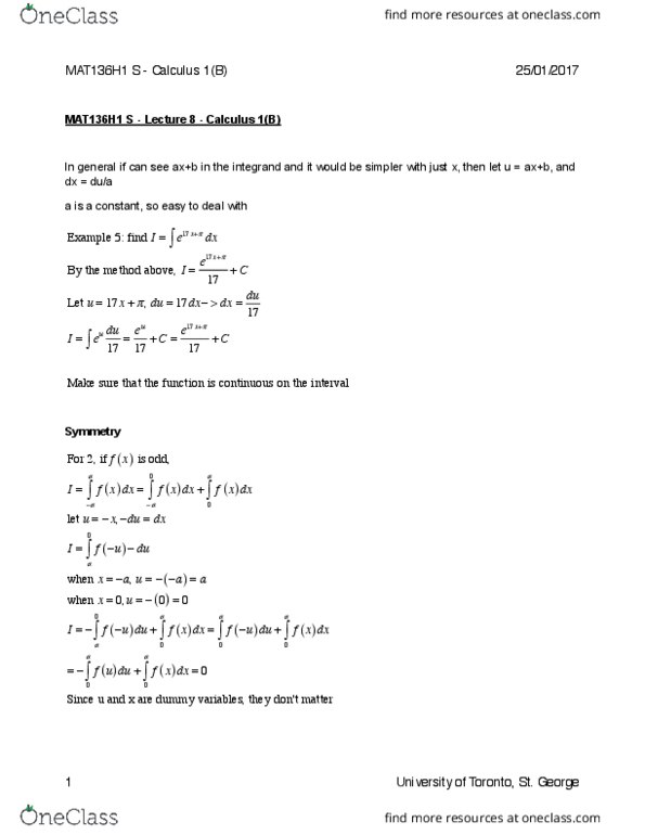 MAT136H1 Lecture Notes - Lecture 8: Even And Odd Functions thumbnail