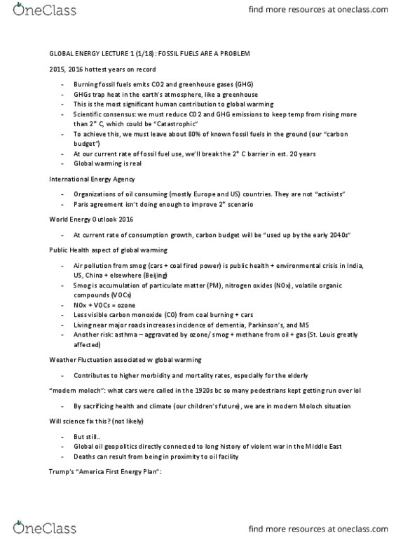 Anthropology Anthro 3472 Lecture Notes - Lecture 1: Volatile Organic Compound, World Energy Outlook, International Energy Agency thumbnail