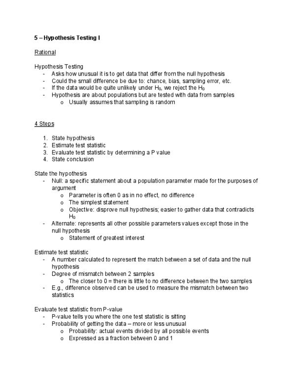 EEB225H1 Lecture Notes - Lecture 5: Null Hypothesis, Test Statistic, Statistical Parameter thumbnail