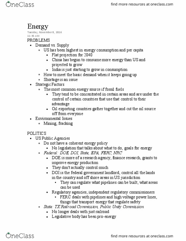PSCI 3325 Lecture Notes - Lecture 38: Federal Energy Regulatory Commission, Ope, Standard Oil thumbnail