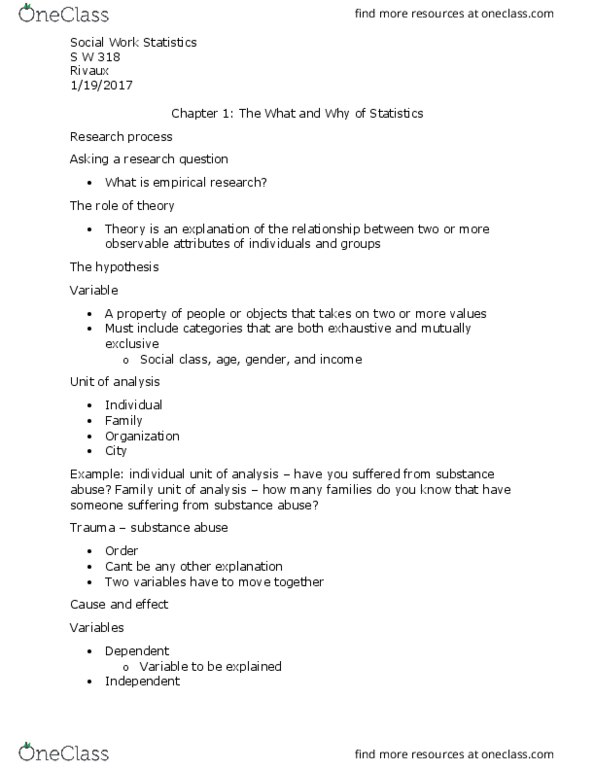 S W 318 Lecture Notes - Lecture 1: Dependent And Independent Variables, Social Class, Descriptive Statistics thumbnail