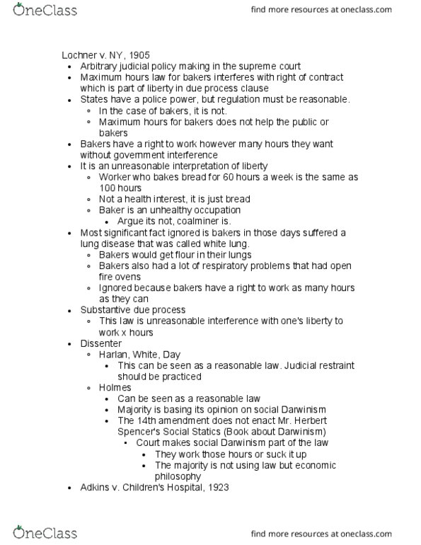 PSCI 3322 Lecture Notes - Lecture 34: Minimum Wage Law, Judicial Restraint, Fourteenth Amendment To The United States Constitution thumbnail