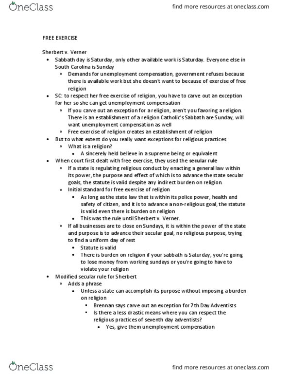 PSCI 3322 Lecture Notes - Lecture 15: Sherbert V. Verner, Unemployment Benefits, Antonin Scalia thumbnail