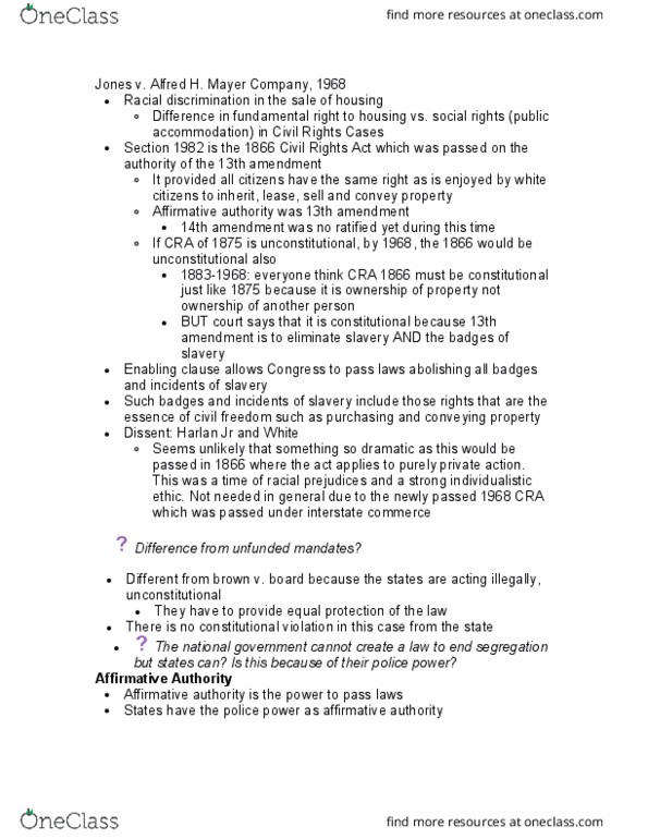 PSCI 3322 Lecture Notes - Lecture 5: Civil Rights Act Of 1866, Civil Rights Cases, Thirteenth Amendment To The United States Constitution thumbnail