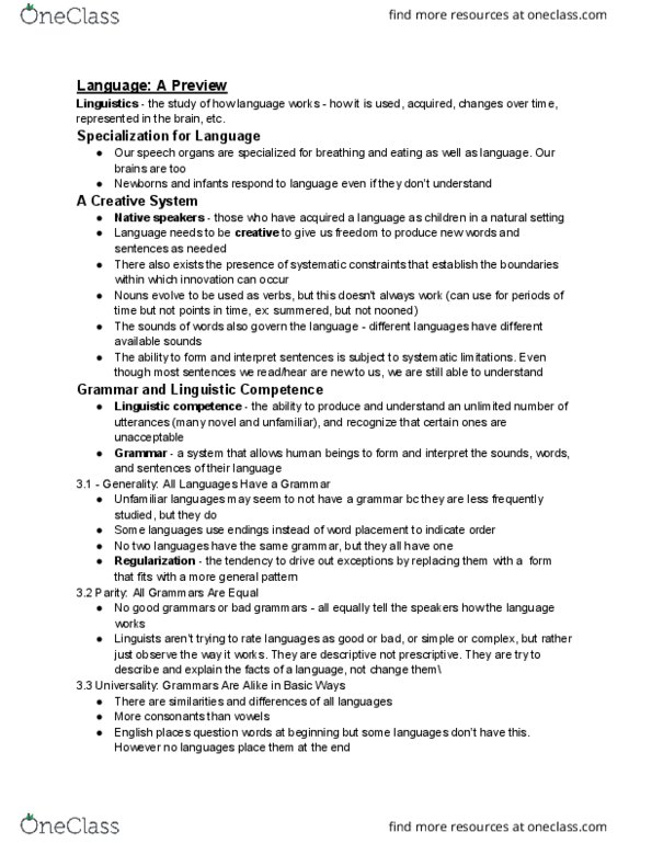 LING 080 Chapter Notes - Chapter 1: Linguistic Competence thumbnail