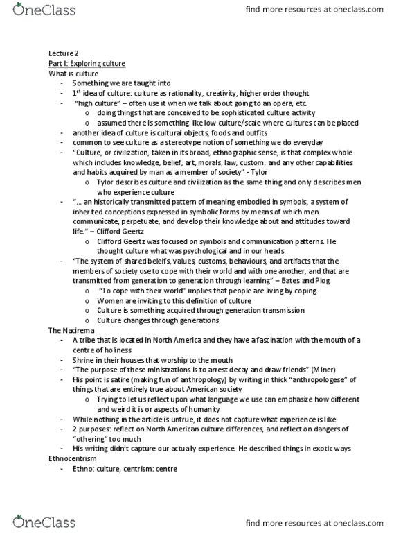 ANTA02H3 Lecture Notes - Lecture 2: William Graham Sumner, Clifford Geertz, Nacirema thumbnail