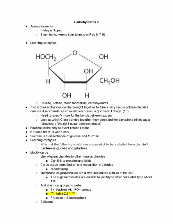 MCB 150 Lecture Notes - Lecture 4: Ketose, Oligosaccharide, Hexose thumbnail