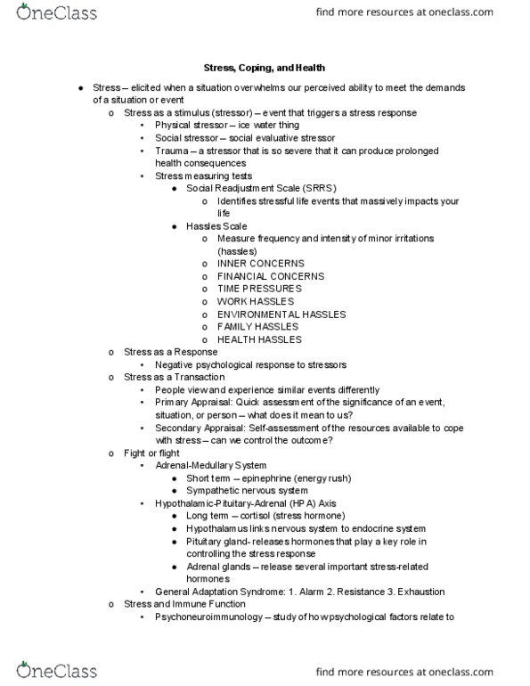 PSC 1 Lecture Notes - Lecture 14: Endocrine System, Sympathetic Nervous System, Psychoneuroimmunology thumbnail