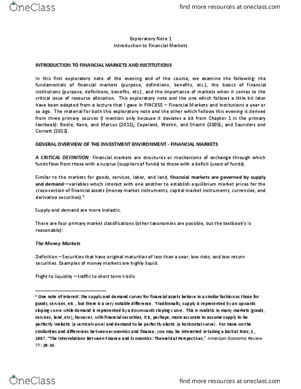 FINC314 Lecture Notes - Lecture 1: The American Economic Review, Commercial Paper, United States Treasury Security thumbnail