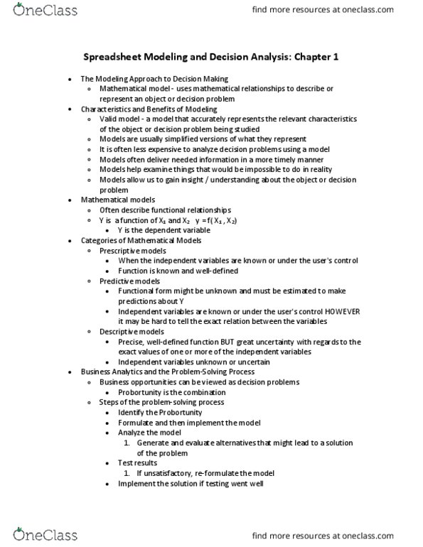 BIT 3434 Chapter Notes - Chapter 1: Dependent And Independent Variables, Spreadsheet, Mathematical Model thumbnail