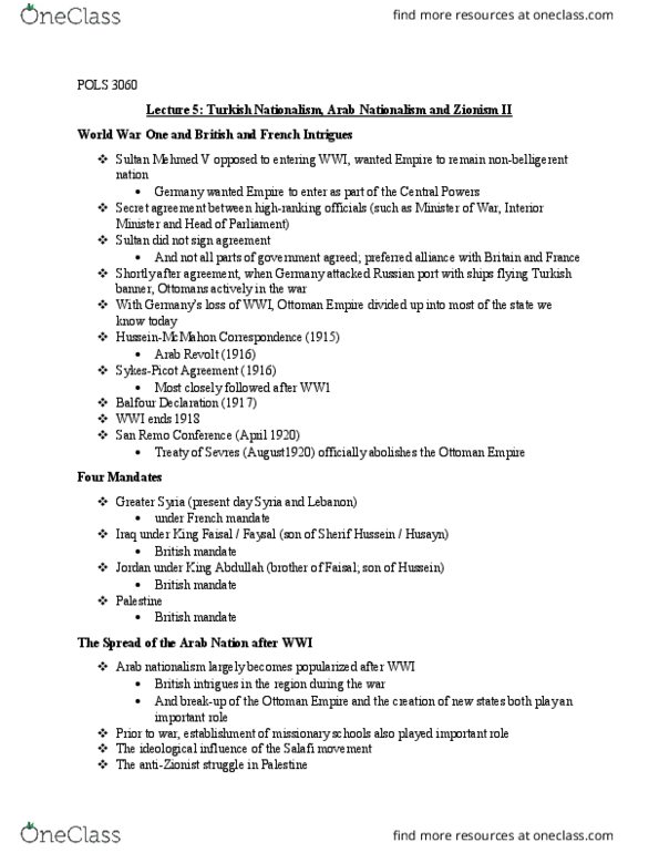 POLS 3060 Lecture Notes - Lecture 5: Religious Zionism, Antisemitism, Mehmed V thumbnail