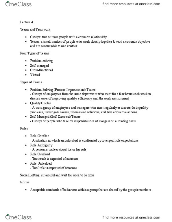 GMS 200 Lecture Notes - Lecture 4: Social Loafing, Role Conflict, Quality Circle thumbnail