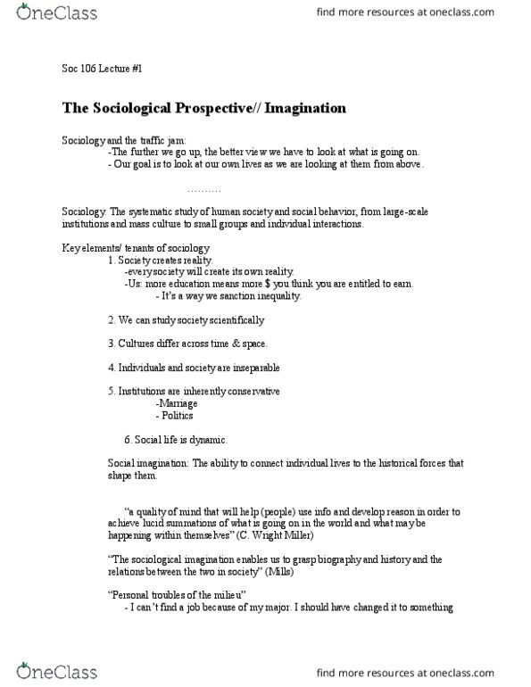 SOC 106 Lecture Notes - Lecture 1: The Sociological Imagination thumbnail
