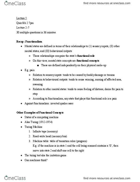 CGSC 1001 Lecture Notes - Lecture 5: Chinese Room, Readwrite, Qualia thumbnail