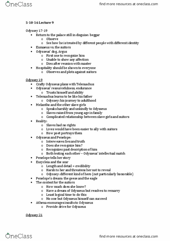 CLASSICS 1B03 Lecture Notes - Lecture 9: Eumaeus, Eurycleia, Melantho thumbnail