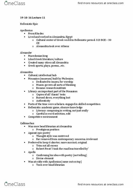 CLASSICS 1B03 Lecture Notes - Lecture 11: Robert Frost, Argonautica thumbnail