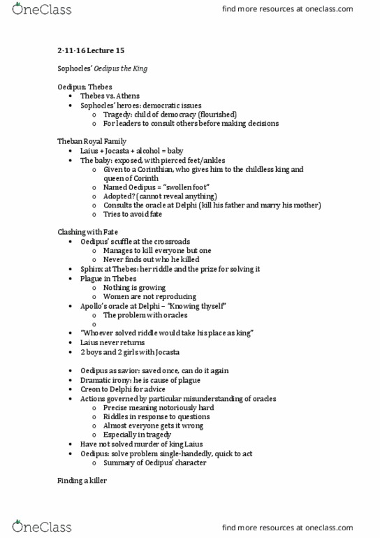 CLASSICS 1B03 Lecture Notes - Lecture 15: Ismene, Sophocles, Laius thumbnail