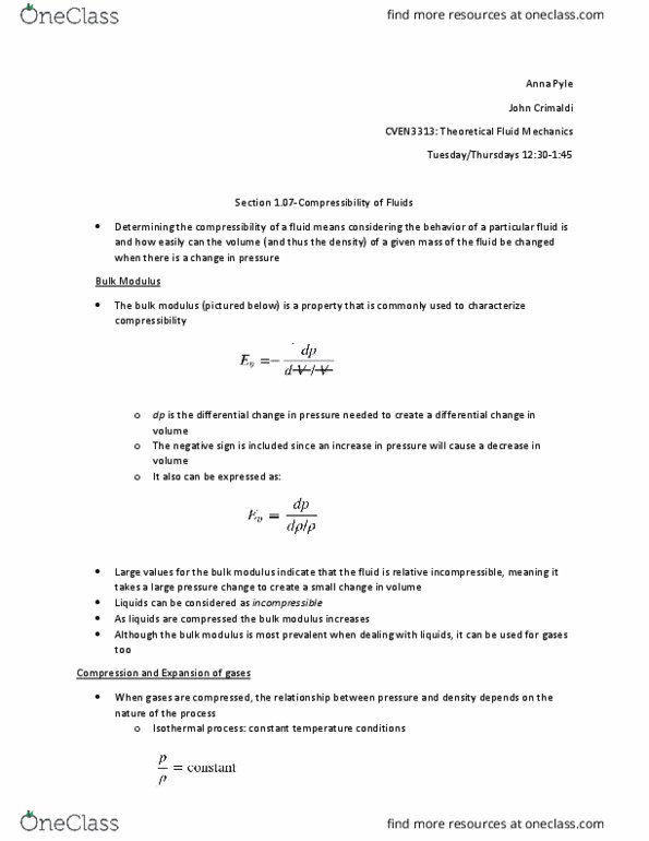 CVEN 3313 Chapter Notes - Chapter 1: Isentropic Process, Isothermal Process, Heat Capacity thumbnail