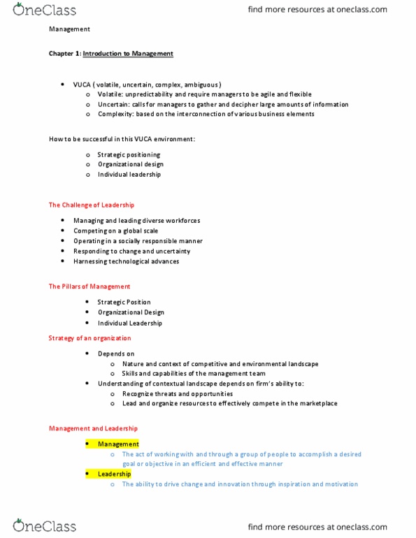 MGMT 310 Chapter Notes - Chapter 1: Organizational Structure, Social Skills, Market Environment thumbnail