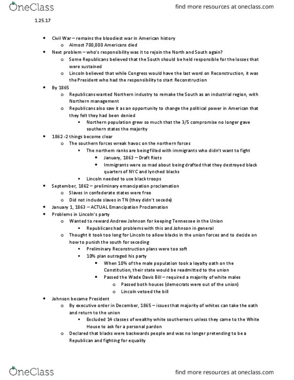 HIST 1378 Lecture Notes - Lecture 1: White Southerners, List Of Industrial Regions, Emancipation Proclamation thumbnail