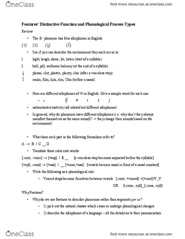 LING 1001 Lecture Notes - Lecture 8: Minimal Pair, Nasalization, Phonological Rule thumbnail