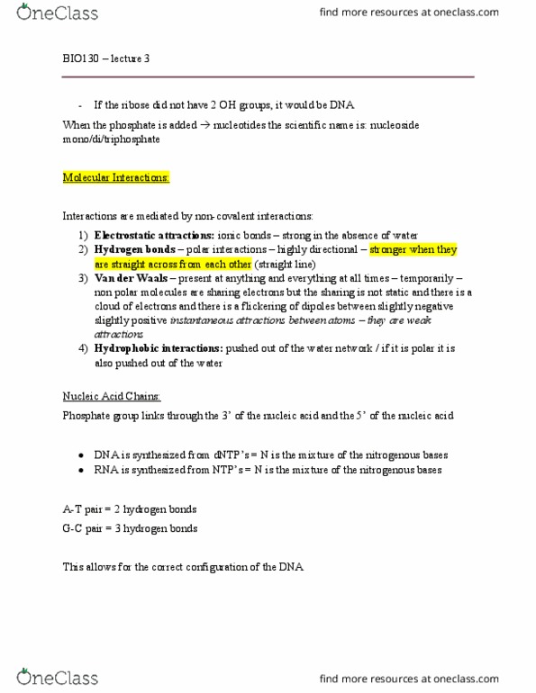 BIO130H1 Lecture Notes - Lecture 3: Ribose, Hydrophile, Cysteine thumbnail