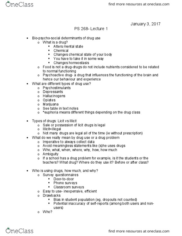 PS268 Lecture Notes - Lecture 1: Hallucinogen, Homeostasis, Substance Abuse thumbnail