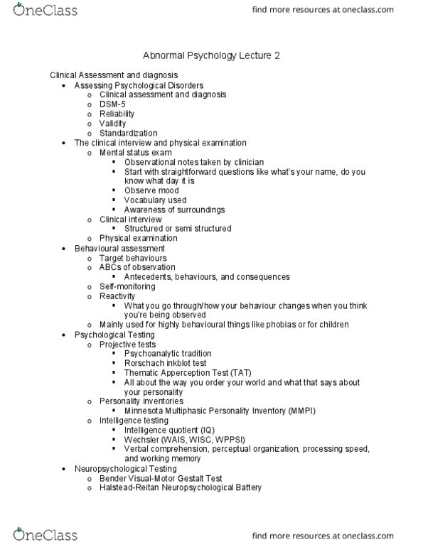 PS280 Lecture Notes - Lecture 2: Thematic Apperception Test, Dsm-5, Mental Status Examination thumbnail