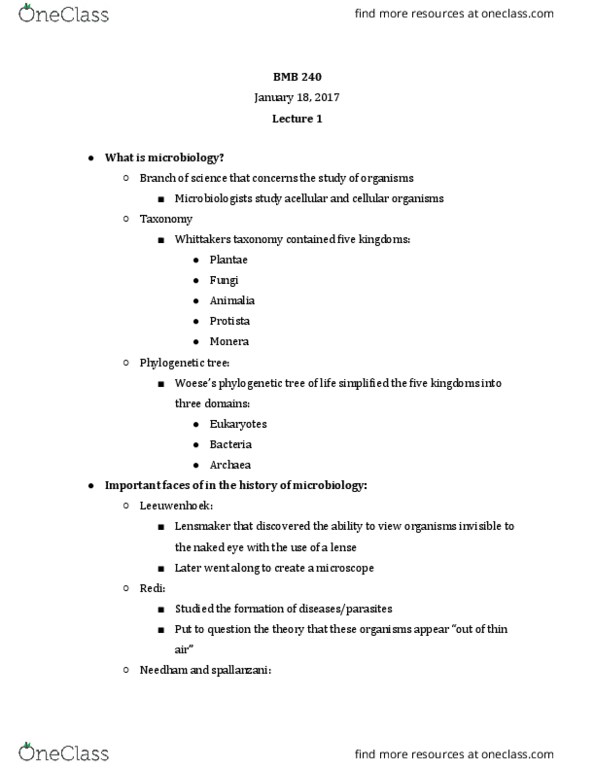 BMB 240 Lecture Notes - Lecture 1: Postpartum Infections, Protist, Asepsis thumbnail
