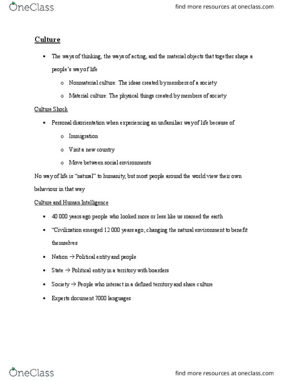 SOC 1100 Lecture Notes - Lecture 3: Sociobiology, Cultural Lag, Ethnocentrism thumbnail