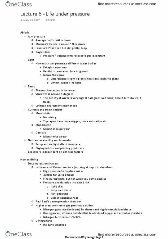 BIO 2110 Lecture Notes - Lecture 6: Limnetic Zone, Freediving, Meromictic Lake thumbnail