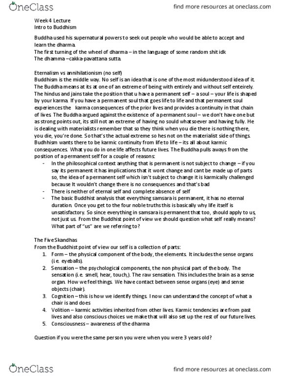 RELIGST 2K03 Lecture Notes - Lecture 4: Impermanence, Skandha, Annihilationism thumbnail