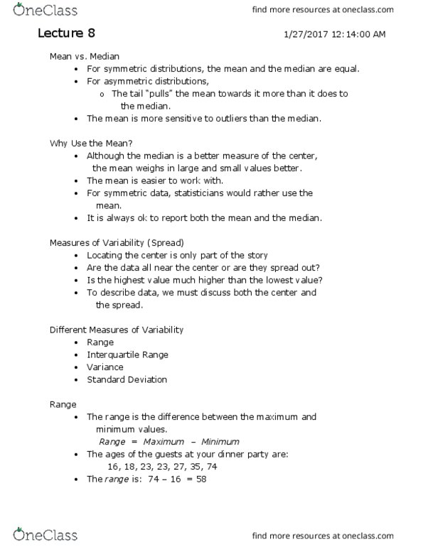 SDS 306 Lecture Notes - Lecture 8: Interquartile Range, Quartile, Multimodal Distribution thumbnail