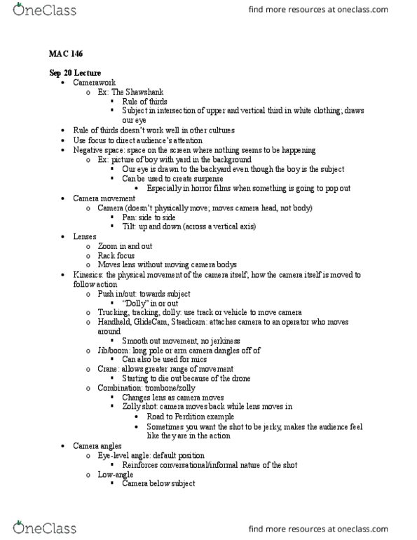 MAC 146 Lecture Notes - Lecture 7: Birds Eye, Steadicam, Long Shot thumbnail