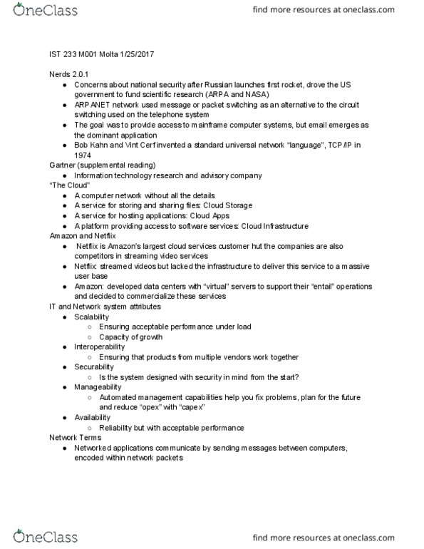 IST 233 Lecture Notes - Lecture 1: Circuit Switching, Bob Kahn, Computer Network thumbnail