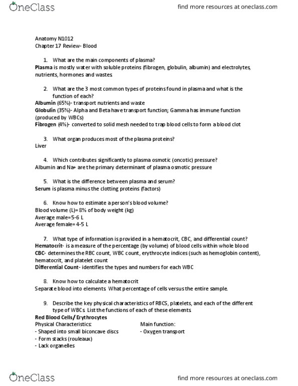 NURS 1012 Lecture Notes - Lecture 1: Plasmin, Fetus, Basophil thumbnail