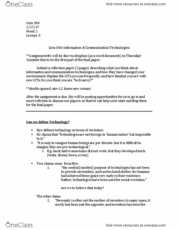 COM 330 Lecture Notes - Lecture 3: Techne, Social Evolution thumbnail