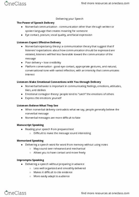 SPCOM111 Chapter Notes - Chapter 4: Ethnocentrism, Impromptu Speaking, Nonverbal Communication thumbnail