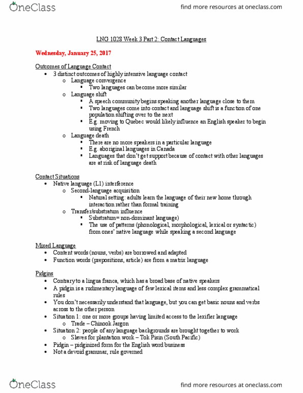 Linguistics 1028A/B Lecture Notes - Lecture 6: Situation Two, Tok Pisin, Language Convergence thumbnail